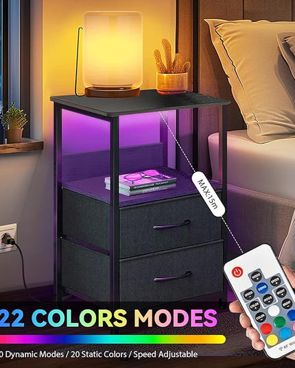Night Stand Set of 2, Bedside Tables with Fabric Drawers, Side Table with Charging Station, LED Nightstand with USB Ports and Outlets, Small End Table for Bedroom, Black - LeafyLoom