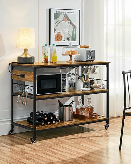 Yaheetech Kitchen Island with Power Outlet, Rolling Kitchen Cart with Wine Rack & Glass Holder & Hooks, Coffee Bar Microwave Stand Wine Rack Table for Dining Room, 47.5" W x 24" D, Rustic Brown - LeafyLoom
