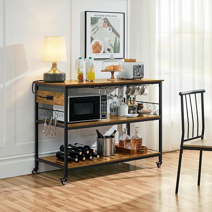 Yaheetech Kitchen Island with Power Outlet, Rolling Kitchen Cart with Wine Rack & Glass Holder & Hooks, Coffee Bar Microwave Stand Wine Rack Table for Dining Room, 47.5" W x 24" D, Rustic Brown - LeafyLoom