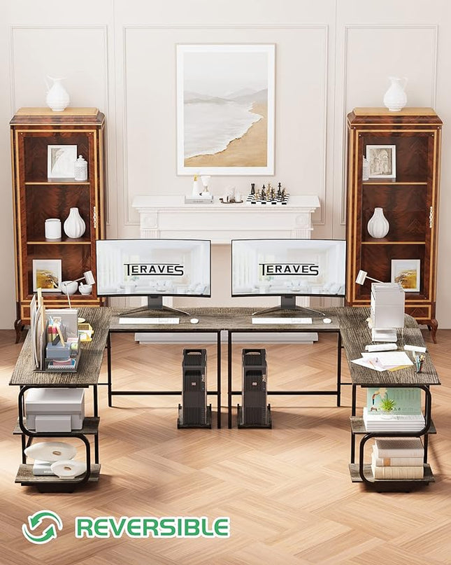 Teraves Reversible L Shaped Desk with Large Surface, 69 Inch Sturdy Corner Desk with Storage Shelves, Premium Office Computer Desk Workstation for Home Office Gaming - LeafyLoom