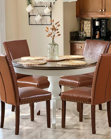 COLAMY Upholstered Parsons Dining Chairs Set of 4, PU Leather Dining Room Kitchen Side Chair with Nailhead Trim and Wood Legs - Light Brown - LeafyLoom