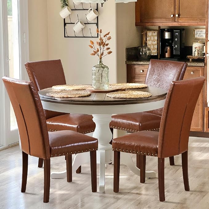 COLAMY Upholstered Parsons Dining Chairs Set of 4, PU Leather Dining Room Kitchen Side Chair with Nailhead Trim and Wood Legs - Light Brown - LeafyLoom
