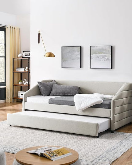 Linen Upholstered Twin Size Daybed with Twin Size Trundle, Solid Wood Tufted Sofa Bed Frame for Bedroom, Guest Room, Dorm, No Box Spring Needed, Space-Saving Design, Beige - LeafyLoom