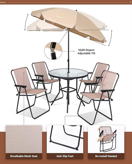 Nice C Outdoor Dining Sets, Patio Furniture Set, 8 Piece Set with Umbrella, Garden Outdoor Furniture Table Set with Tilted Removable Umbrella, Glass Table, and 6 Folding Chairs (Beige-6 Piece) - LeafyLoom