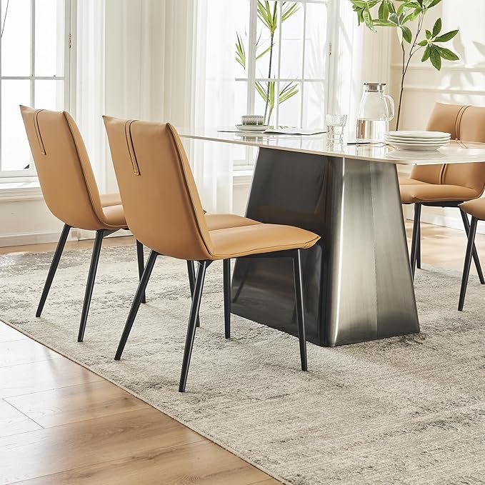 YOUTASTE Dining Chairs Set of 2 Mid Century Modern Upholstered Leather Kitchen Chairs Soft Padded Side Chairs Dinner Chairs with Metal Legs for Living Room Bedroom, Camel - LeafyLoom