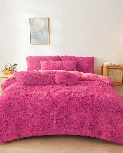 FOPPA Hot pink fluffy Comforter Cover Set king- Ultra Soft fluffy hot pink Bedding Sets 3 Pieces (1 Duvet Cover + 2 Pillow case) hot pink fluffy bed set (Hot pink, King) - LeafyLoom