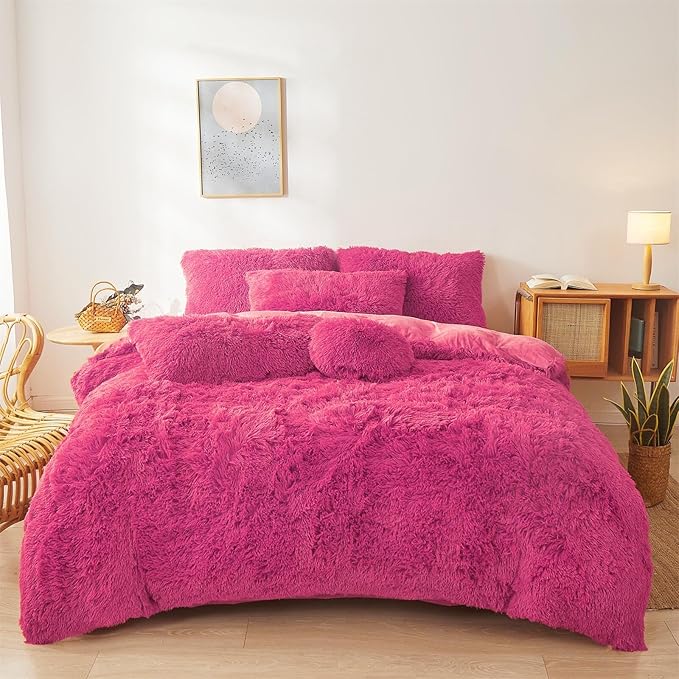 Fluffy hot pink comforters Cover twin size - Ultra Soft Plush hot pink bedding Sets 2 Pieces (1 faux fur comforter Cover + 1 fuzzy pillow case) girls shaggy hot pink twin bed set (Hot Pink, Twin) - LeafyLoom