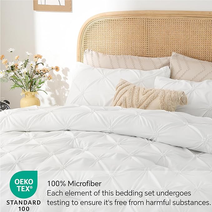 BEDELITE White King Size Comforter Set - 3 Pieces Boho Pintuck Bedding Comforter Sets, Lightweight Soft & Warm King Bedding Set with 2 Pillowcases for All Season - LeafyLoom