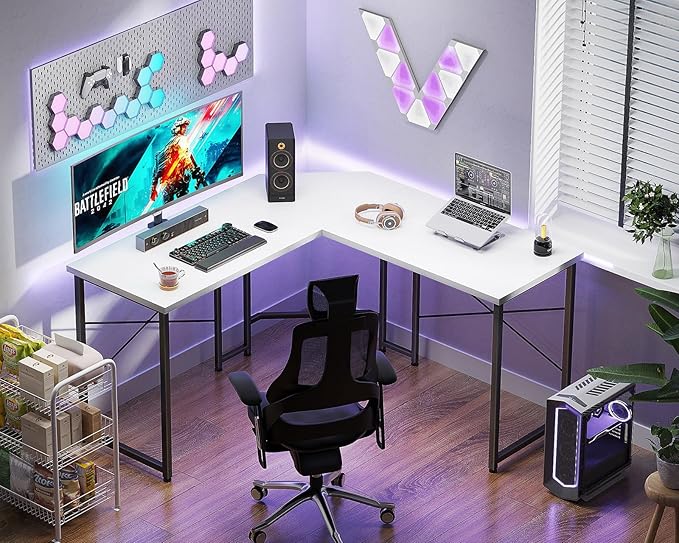 Casaottima 47 inch L Shaped Gaming Desk with Monitor Stand, Corner Desk Gaming Table for Home Office, Computer Desk Sturdy Writing Workstation for Small Space, White - LeafyLoom