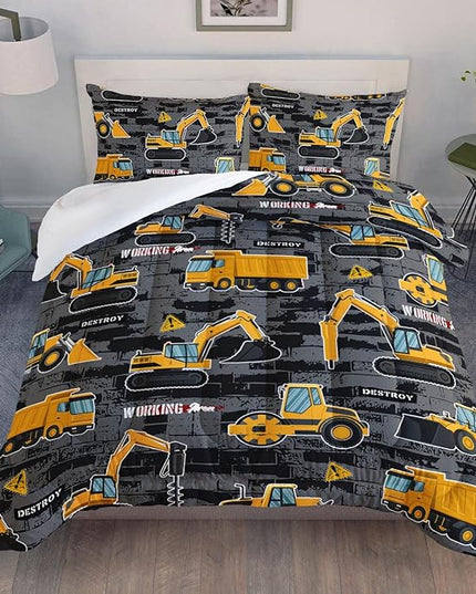 Datura home Kids Engineering Car Bedding Comforter Set Tractor Truck Printed Pattern Bedding Set with 1 Comforter and 2 Pillowcases for Boys Bedroom All Season(Truck2 Full) Full 80x90inches - LeafyLoom