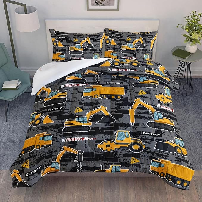 Datura home Kids Engineering Car Bedding Comforter Set Tractor Truck Printed Pattern Bedding Set with 1 Comforter and 2 Pillowcases for Boys Bedroom All Season(Truck2 Full) Full 80x90inches - LeafyLoom