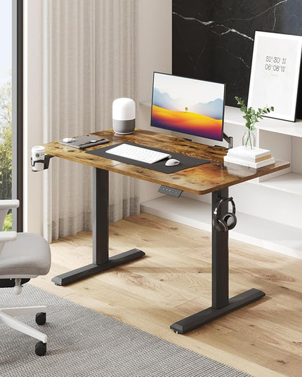 Electric Standing Desk, 43 Inch Height Adjustable Home Office Table with Headphone Hook and Cup Holder, Black Legs/Rustic Brown Top - LeafyLoom