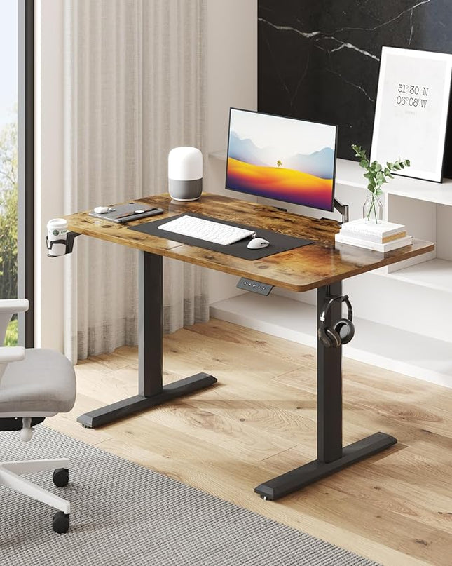 Electric Standing Desk, 43 Inch Height Adjustable Home Office Table with Headphone Hook and Cup Holder, Black Legs/Rustic Brown Top - LeafyLoom