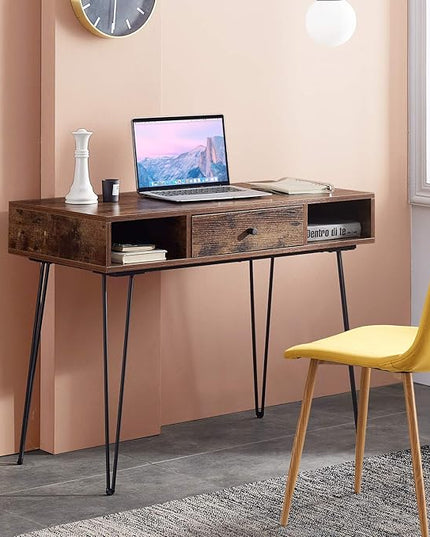 VECELO 39.3" Home Office Work Table with Drawers Computer Desk Writing/Study, 39 Inch Hairpin Legs, Retro Brown - LeafyLoom