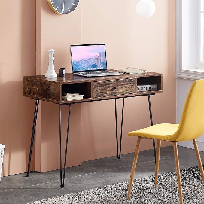 VECELO 39.3" Home Office Work Table with Drawers Computer Desk Writing/Study, 39 Inch Hairpin Legs, Retro Brown - LeafyLoom