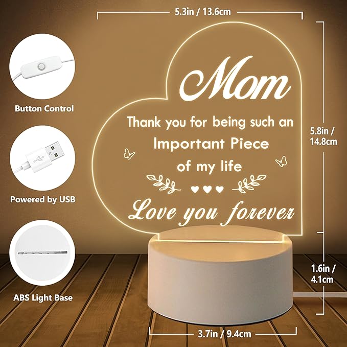 Mom Gifts, Gifts for Mom from Daughter Son - Acrylic Night Light, Mom Birthday Gifts, Best Mom Ever Gifts, Mothers Day Christmas Valentines Day Gifts for Mom - LeafyLoom