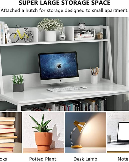 Tribesigns Computer Desk with Hutch, 47 inches Home Office Desk with Space Saving Design with Bookshelf for Small Spaces (All White, 47) - LeafyLoom