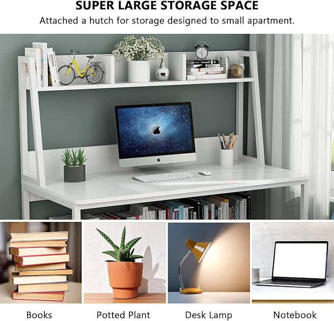 Tribesigns Computer Desk with Hutch, 47 inches Home Office Desk with Space Saving Design with Bookshelf for Small Spaces (All White, 47) - LeafyLoom