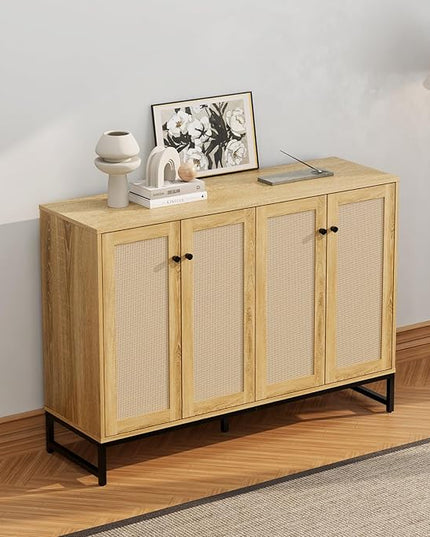 Storage Cabinet, Large Capacity Four-Door Rattan Sideboard with Adjustable Partitions, Metal Cabinet Legs, Modern Elegant Design Accent Cabinet Suitable for Home Office Bar Cafe (Natural Wood) - LeafyLoom