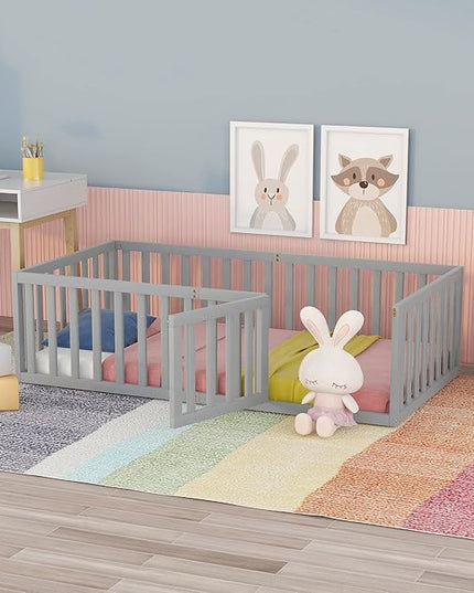 Multifunctional Twin Size Floor Bed with Safety Guardrails and Door, Montessori Sturdy Solid Wood Beds Frame, Easy Assembly and No Spring Need, for Boys and Girls Room, Gray - LeafyLoom