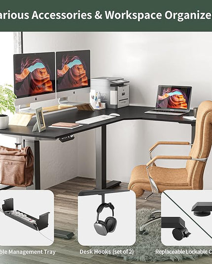 FEZIBO 75 Inches, Supports over 300mlbs, L Shaped Standing Desk Reversible, Electric Height Adjustable Corner Stand up Desk, Sit Stand Desk Computer Workstation, Black Frame/Black Top - LeafyLoom