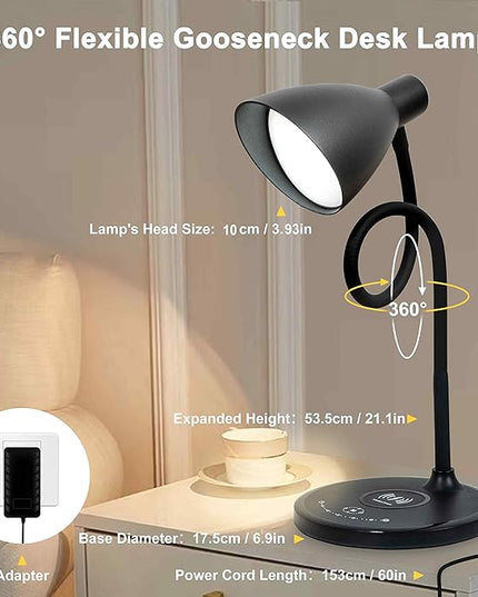 Desk Lamp with Wireless Charger, 12W 1000LM Touch Dimmable Reading Lamp with USB Charging Port, 5 Colors 6 Brightness Eye Care Bedside Table Lamp Gooseneck Desk Light for Home Office - LeafyLoom