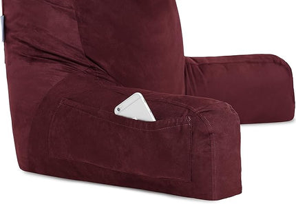 Husband Pillow XXL Aspen Edition, Adult Reading Sit Up Bed Rest Pillow for Bed with Arms & Neck Roll on Bungee Cord, Premium Memory Foam, Reversible 2 Sided Cover Micro Suede or Plush, Arizona Maroon - LeafyLoom