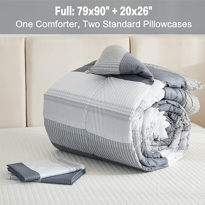 Litanika Comforter Full Size Bed Set Light Grey - 3 Pieces Lightweight Gray White Colorblock Stripe Fluffy Bedding Comforter Sets, All Season Bed Set - LeafyLoom
