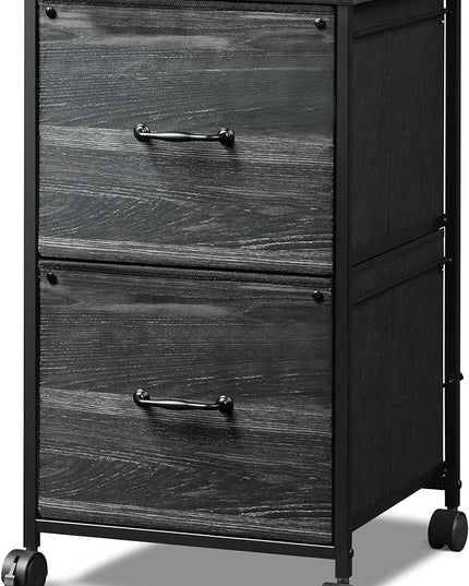DEVAISE 2 Drawer Mobile File Cabinet, Rolling Printer Stand, Fabric Vertical Filing Cabinet fits A4 or Letter Size for Home Office, Charcoal Black Wood Grain Print - LeafyLoom