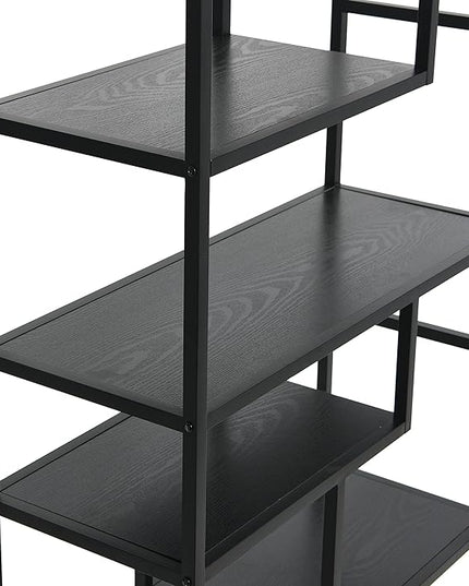 Household Essentials Black Oak Geometric Tall Open Book Shelf | Mid Century Modern Shelves - LeafyLoom