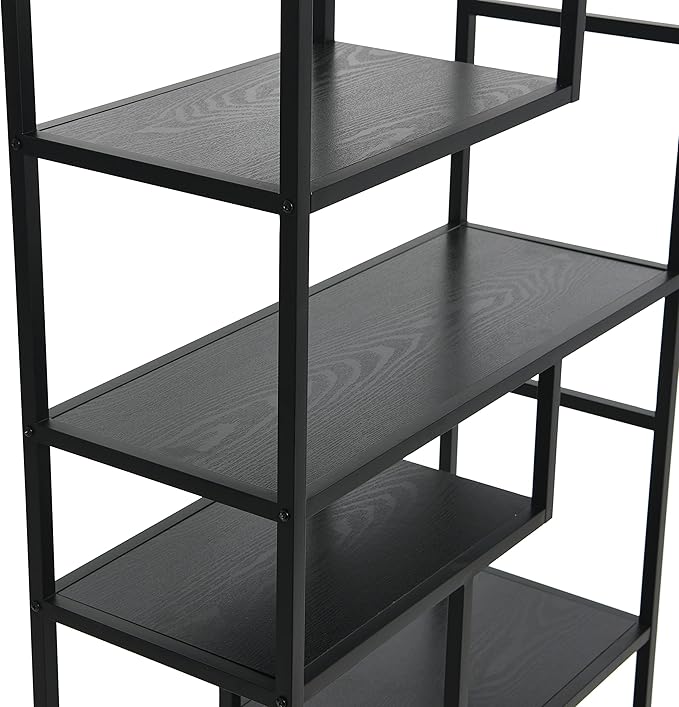 Household Essentials Black Oak Geometric Tall Open Book Shelf | Mid Century Modern Shelves - LeafyLoom