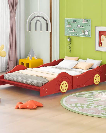 Car Shaped Toddler Bed with Wheels,Racecar Platform Beds W/Safety Guardrail,Slats Support,Stylish Design,Easy Assembly,Wood Full Bedframe for Boys Toddlers Kids Teens Bedroom,Red - LeafyLoom