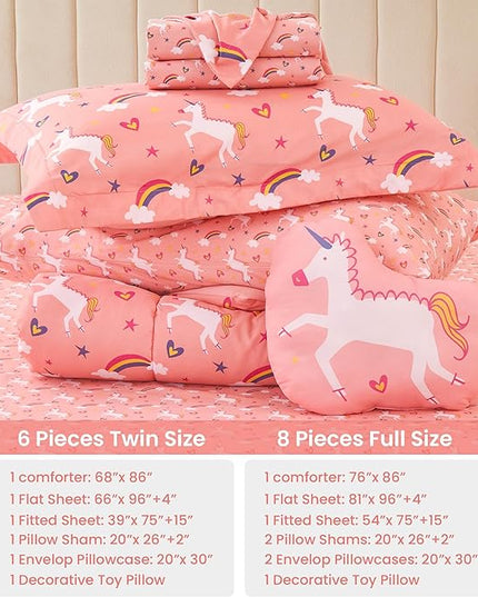 Mooreeke Twin Size Comforter Sets for Girls Kids, 6 Pieces Bed in a Bag Pink Unicorn Rainbow Bedding Comforter Sheet Set with Shams and Decorative Toy Pillow, Ultral Soft Microfiber Kids Bed Set - LeafyLoom