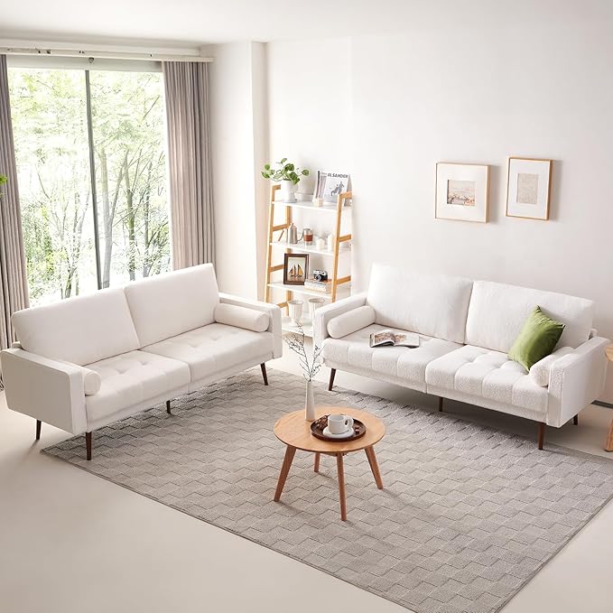 Vonanda Velvet Boucle Sofa Couch, Mid-Century 73 Inch 3 Seater Couch with Hand-Stitched Comfy Cushion and Bolster Pillows for Living Room, Elegant Boucle White - LeafyLoom