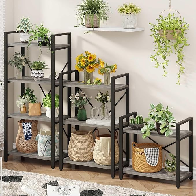 BON AUGURE Industrial 4 Tier Bookshelf, Modern Open Etagere Bookcase, Wood Metal Book Shelves for Living Room, Bedroom and Office (Dark Gray Oak) - LeafyLoom