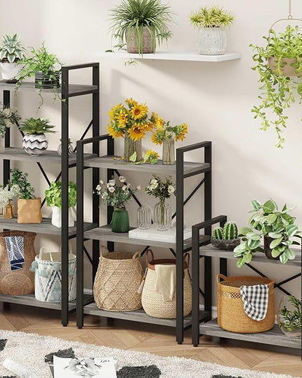 BON AUGURE 3 Tier Bookshelf, Small Rustic Book shelf, Short Industrial Wood Metal Standing Bookcase Etagere for Office, Bedroom and Living Room (Dark Gray Oak) - LeafyLoom