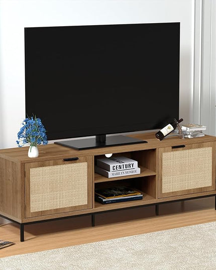 Anmytek Farmhouse Rattan TV Stand for 65 Inch TV Rustic TV Console Table with 2 Rattan Doors Modern Entertainment Center for Living Room Bedroom H0033 - LeafyLoom