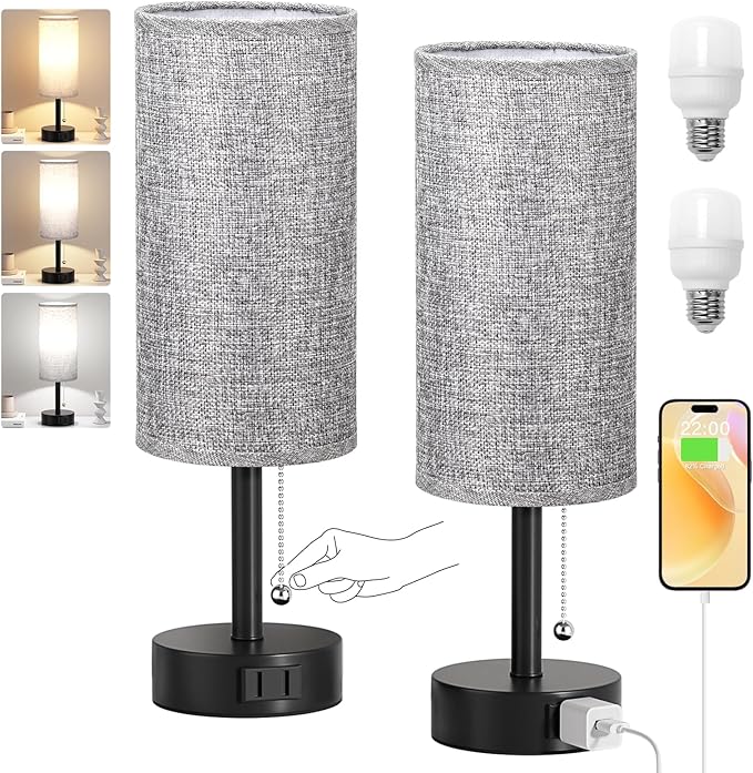 Grey Bedside Table Lamps Set of 2-3 Color Temperatures Pull Chain Lamp with AC Outlet Charging Port, Two Round Night Stand Lamps for Bedroom Office, Small Bed Side Light with E26 LED Bulbs - LeafyLoom