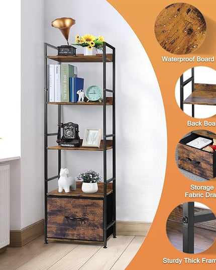 5 Tier Bookshelf with Storage, Bookcase with Drawers, Storage Shelves for Living Room / Home Office, Wood Shelves & Metal Shelf Organizer, Book Shelf for Bedroom, Tall & Ladder Bookshelf, Brown - LeafyLoom