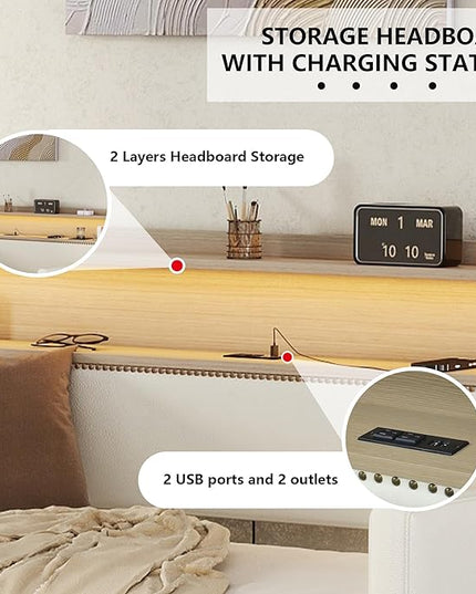 Twin Size Daybed with 2 Storage Drawers, Upholstered Daybed with Charging Station and LED Lights, PU Leather Fabric Bedframe w/Headboard & Wood Slat Support for Living Room, White - LeafyLoom