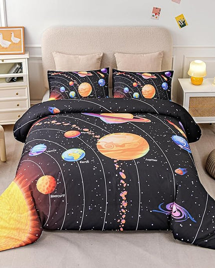 Solar System Comforter Set King Outer Space Room Decor Bedding Set 3 Pieces 1 Planets Theme Comforter and 2 Pillow Shams for Boys Kids Ultra-Soft Microfiber All Seasons for Bedroom Sofa - LeafyLoom