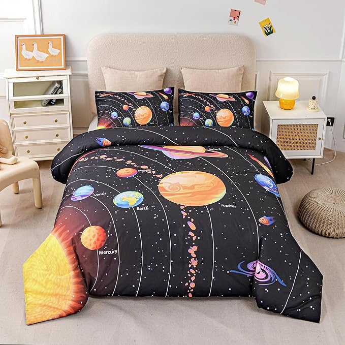 Solar System Comforter Set King Outer Space Room Decor Bedding Set 3 Pieces 1 Planets Theme Comforter and 2 Pillow Shams for Boys Kids Ultra-Soft Microfiber All Seasons for Bedroom Sofa - LeafyLoom