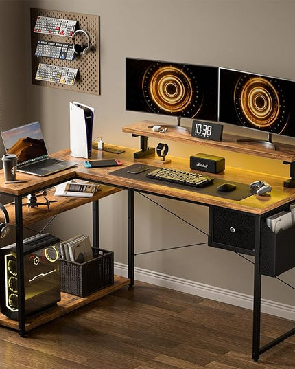 47 inch L Shaped Desk, Computer Desk, Adjustable Stand Office Desk, Power Outlets & Storage Drawer, Reversible Computer Desk with Shelves & Headset Hooks - LeafyLoom