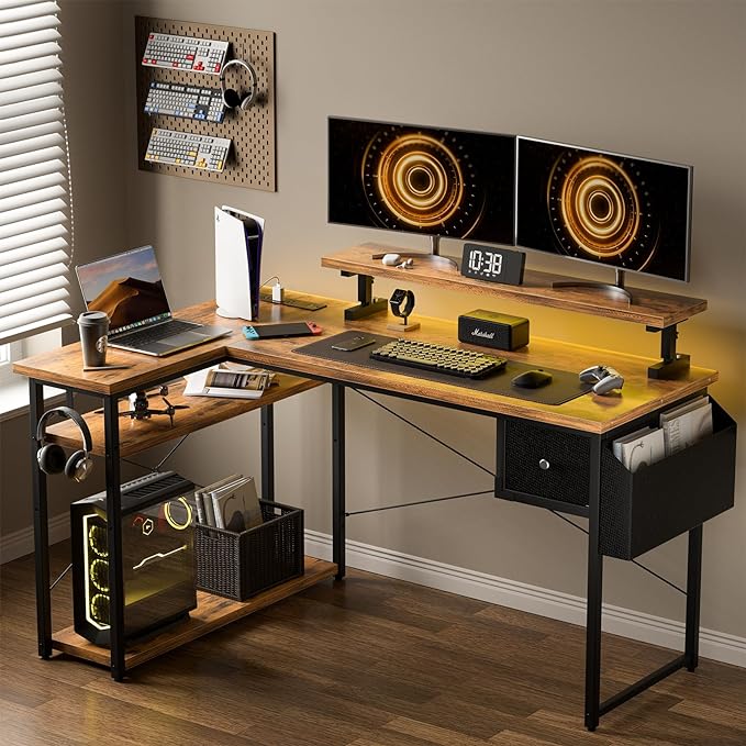 47 inch L Shaped Desk, Computer Desk, Adjustable Stand Office Desk, Power Outlets & Storage Drawer, Reversible Computer Desk with Shelves & Headset Hooks - LeafyLoom