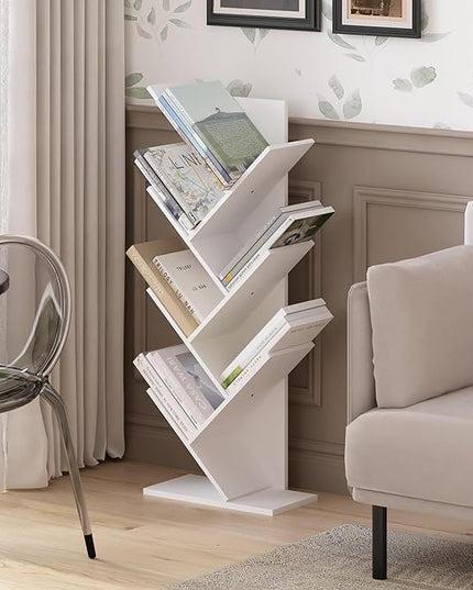 Furinno Tree Bookshelf 7-Tier Floor Standing Tree Bookcase, White - LeafyLoom