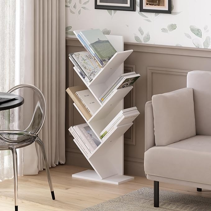 Furinno Tree Bookshelf 7-Tier Floor Standing Tree Bookcase, White - LeafyLoom