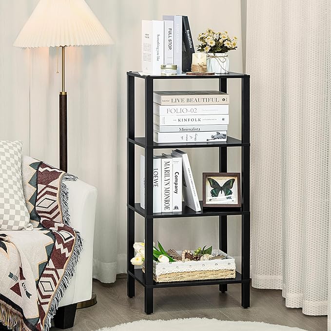 4 Tier Tall Wooden Bookshelf with Storage, Narrow Bookcase for Small Space, Small Book Shelf for Living Room, Office, Bedroom, Kitchen, Industrial, Black - LeafyLoom