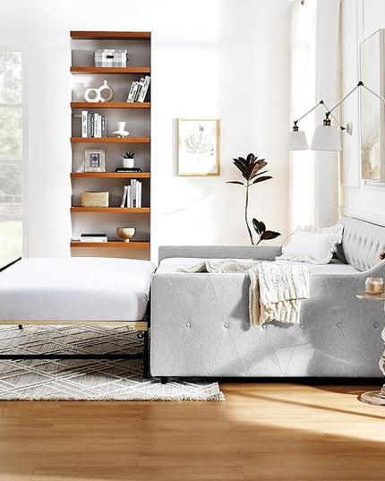 Full Size Upholstery modern linen Daybed, Trundle sofaBed,Armrest with USB charging end pull out Button Tufted Armrest side with pocket,for Bedroom Living Room - LeafyLoom