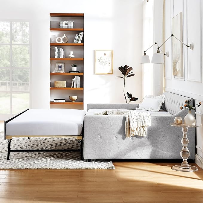 Full Size Upholstery modern linen Daybed, Trundle sofaBed,Armrest with USB charging end pull out Button Tufted Armrest side with pocket,for Bedroom Living Room - LeafyLoom