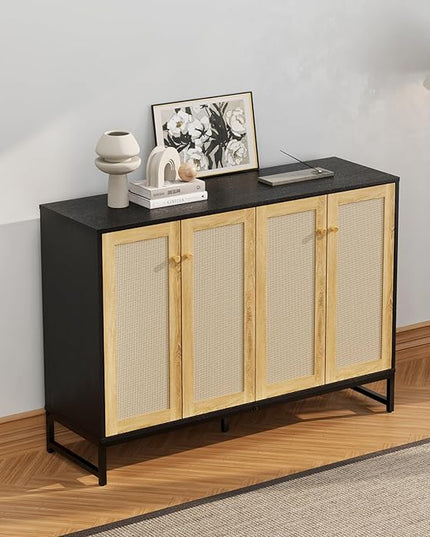 Storage Cabinet, Large Capacity Four-Door Rattan Sideboard with Adjustable Partitions, Metal Cabinet Legs, Modern Elegant Design Accent Cabinet Suitable for Home Office Bar Cafe (Black) - LeafyLoom